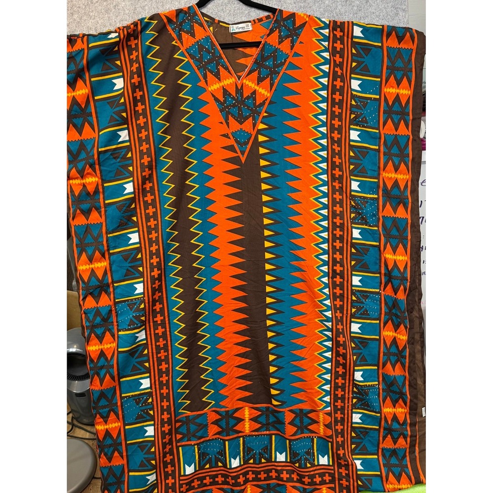 Lapogee Vintage Kaftan Dress One Size Geometric Tribal Print Orange Blue India